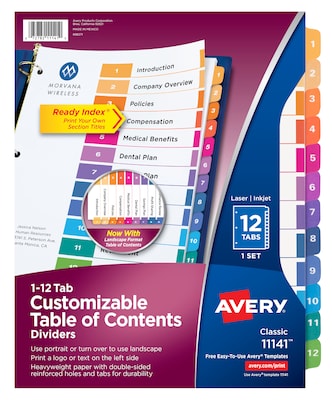Avery Ready Index Table of Contents Pre-Printed Numeric Paper Divider, 12 Tabs, Multicolor, 1 Set (1