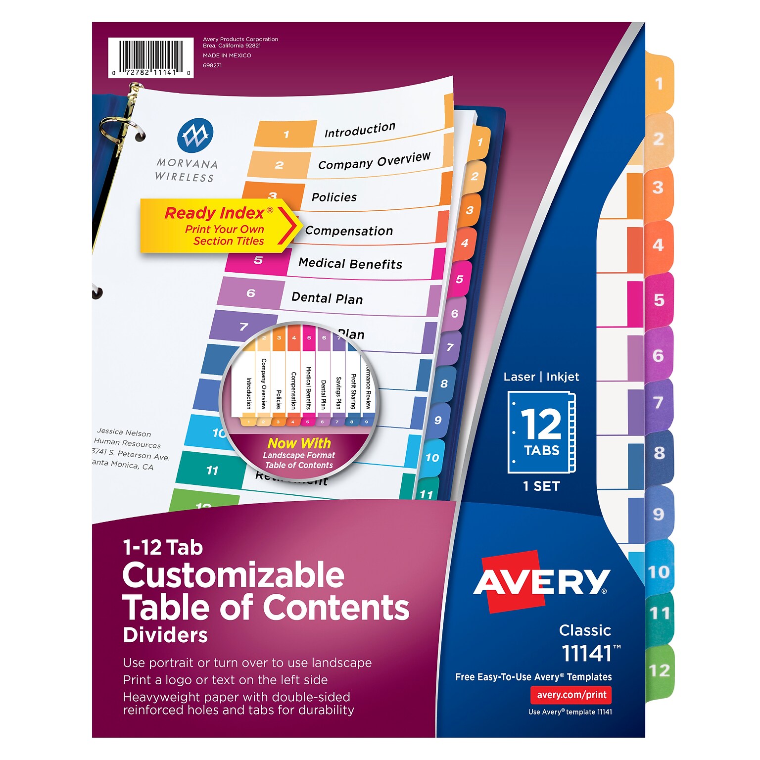 Avery Ready Index Table of Contents Pre-Printed Numeric Paper Divider, 12 Tabs, Multicolor, 1 Set (11141)