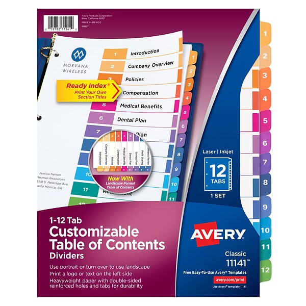 Avery Ready Index Customizable Table of Contents Numeric Dividers, 12-Tab, Multicolor (11141)
