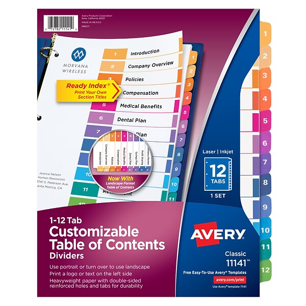 Avery Ready Index Customizable Table of Contents Numeric Dividers, 12-Tab, Multicolor (11141)