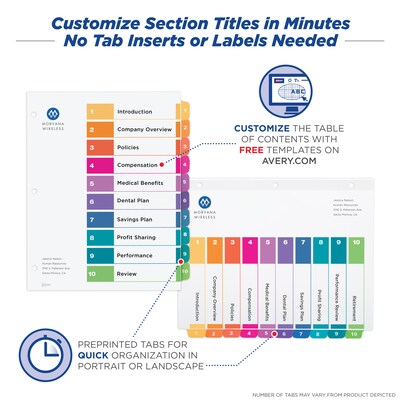 Avery Ready Index Table of Contents Paper Dividers, 1-10 Tabs, Multicolor (11135)