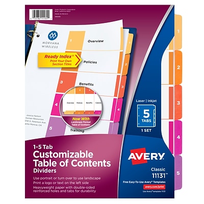 Avery Ready Index Customizable Table of Contents Paper Dividers, 5-Tab, Multicolor, Set (11131)