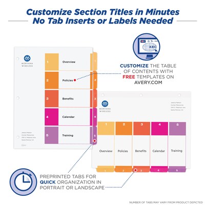 Avery Ready Index Table of Contents Paper Dividers, 1-5 Tabs, Multicolor (11131)