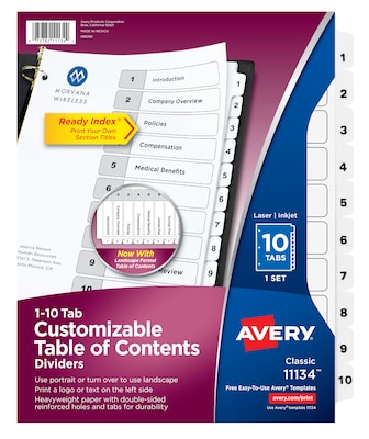 Avery Ready Index Table of Contents Paper Dividers, 1-10 Tabs, White (11134)