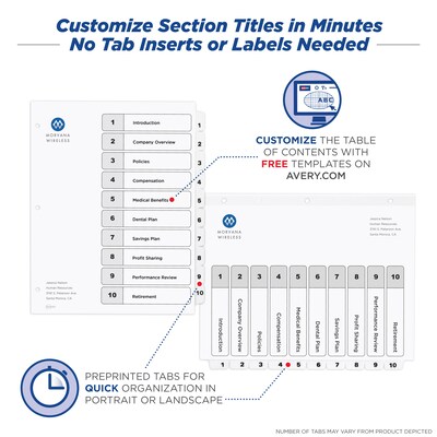 Avery Ready Index Table of Contents Paper Dividers, 1-10 Tabs, White (11134)