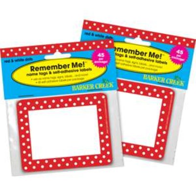 Barker Creek Red & White Dot Name Tags, Self-Adhesive Labels, 3 1/2" x 2 3/4", 90/Pack (BC3744)