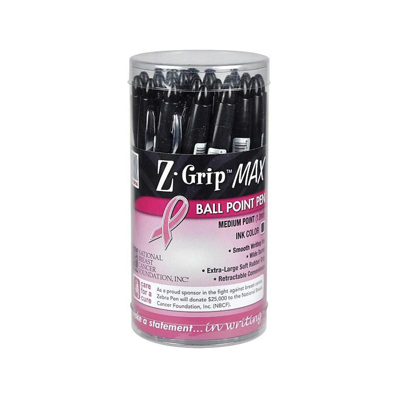 Zebra Z-Grip Max BCA Retractable Ballpoint Pen, Bold Point, 1.2mm, Black Ink, 24 Pack (32577)