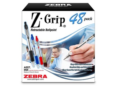 Zebra Z-Grip Retractable Ballpoint Pen, Medium Point, Assorted Ink, 48/Pack (22048)