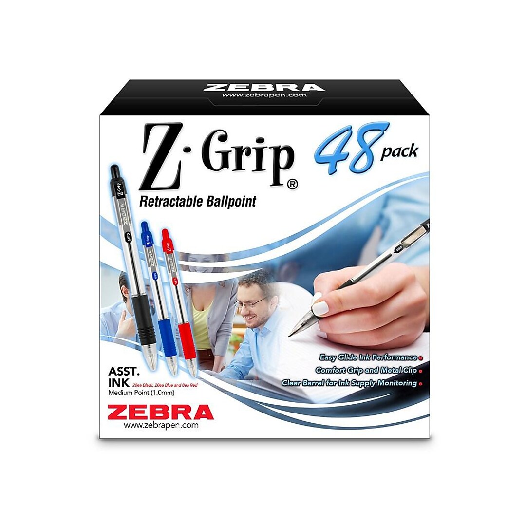 - 48 Pieces Medium Point Black Ink 1.0mm Zebra Pen Z-Grip Retractable Ballpoint Pen Model Number: 22148 