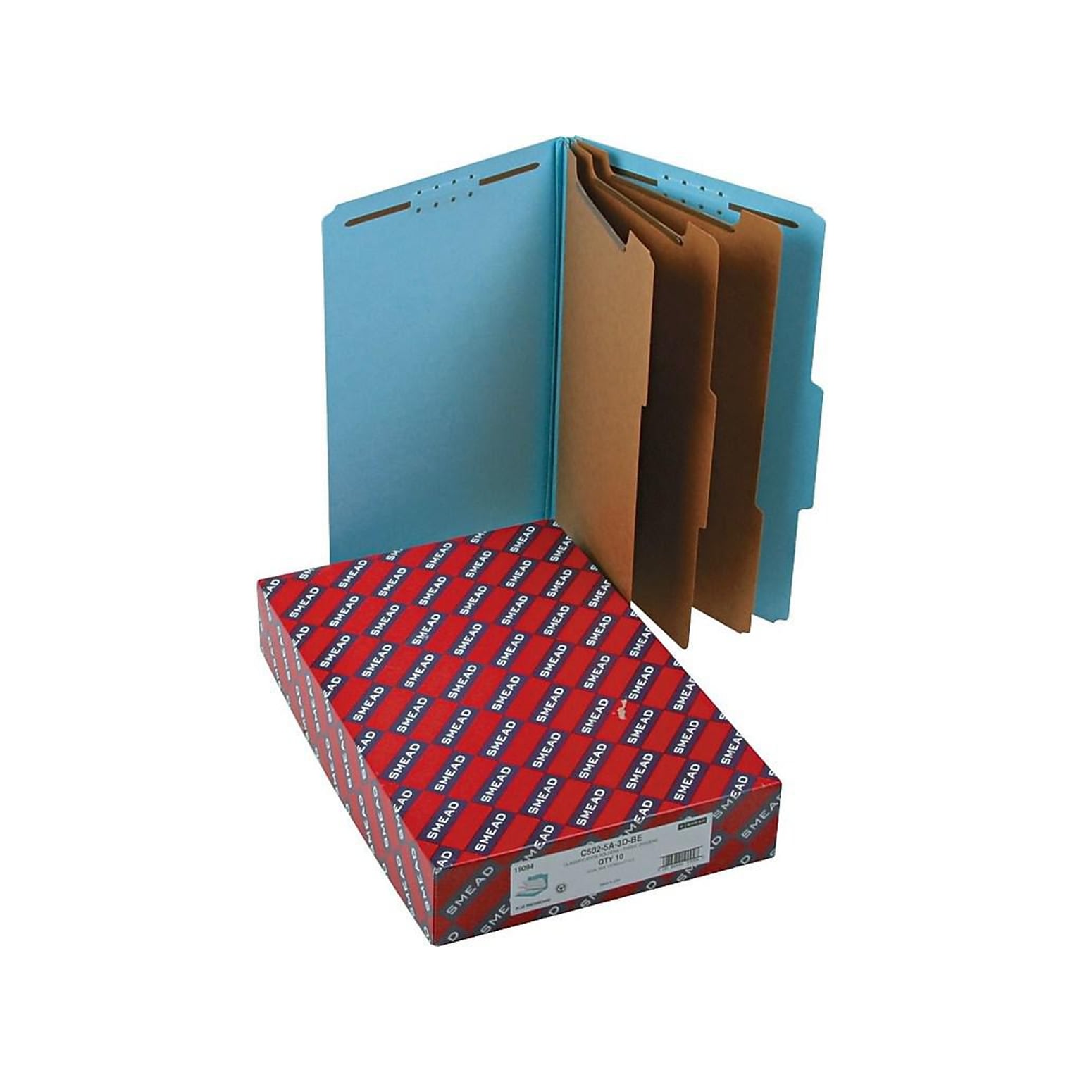 Smead Pressboard Classification Folders with SafeSHIELD Fasteners, 3 Expansion, Legal Size, 3 Dividers, Blue, 10/Box (19094)