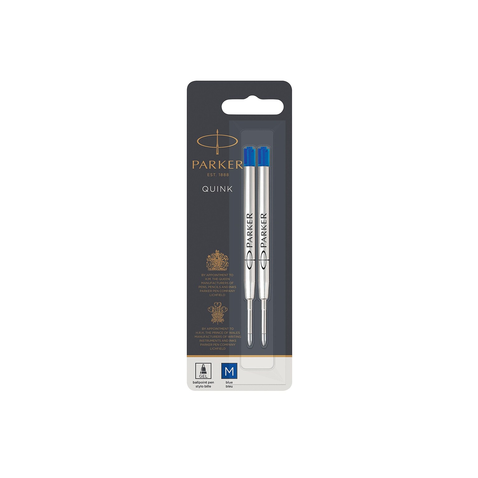 Parker Quink Gel-Ink Pen Refills, 0.7 mm, Medium Tip, Blue Ink, 2/Pack (1950364)