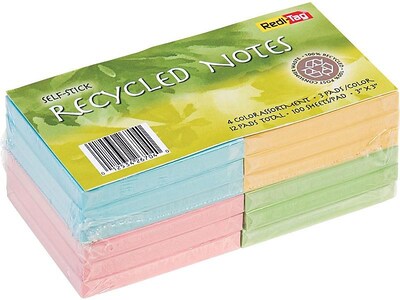 Redi-Tag Recycled Notes, 3 x 3, Pink, Green, Blue, Yellow, 100 Sheet/Pad, 12 Pads/Pack (26704)