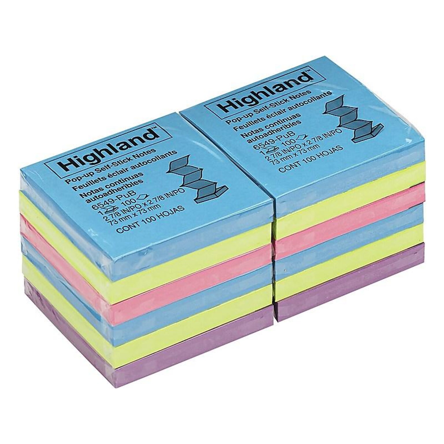 Highland Pop-up Notes, 3 x 3, Assorted Collection, 100 Sheet/Pad, 12 Pads/Pack (6549-PUB)
