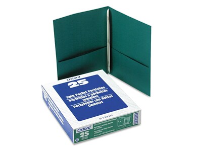 Oxford 2-Pocket 0 Smooth 2-Pocket Paper Portfolio Folder with Fasteners, Hunter Green, 25/Box (57756EE)