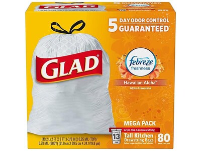 Glad OdorShield 13 Gallon Drawstring Tall Kitchen Trash Bags, Hawaiian Aloha, .72 mil, 23.74 x 25.4, White, 80/Box (78605)