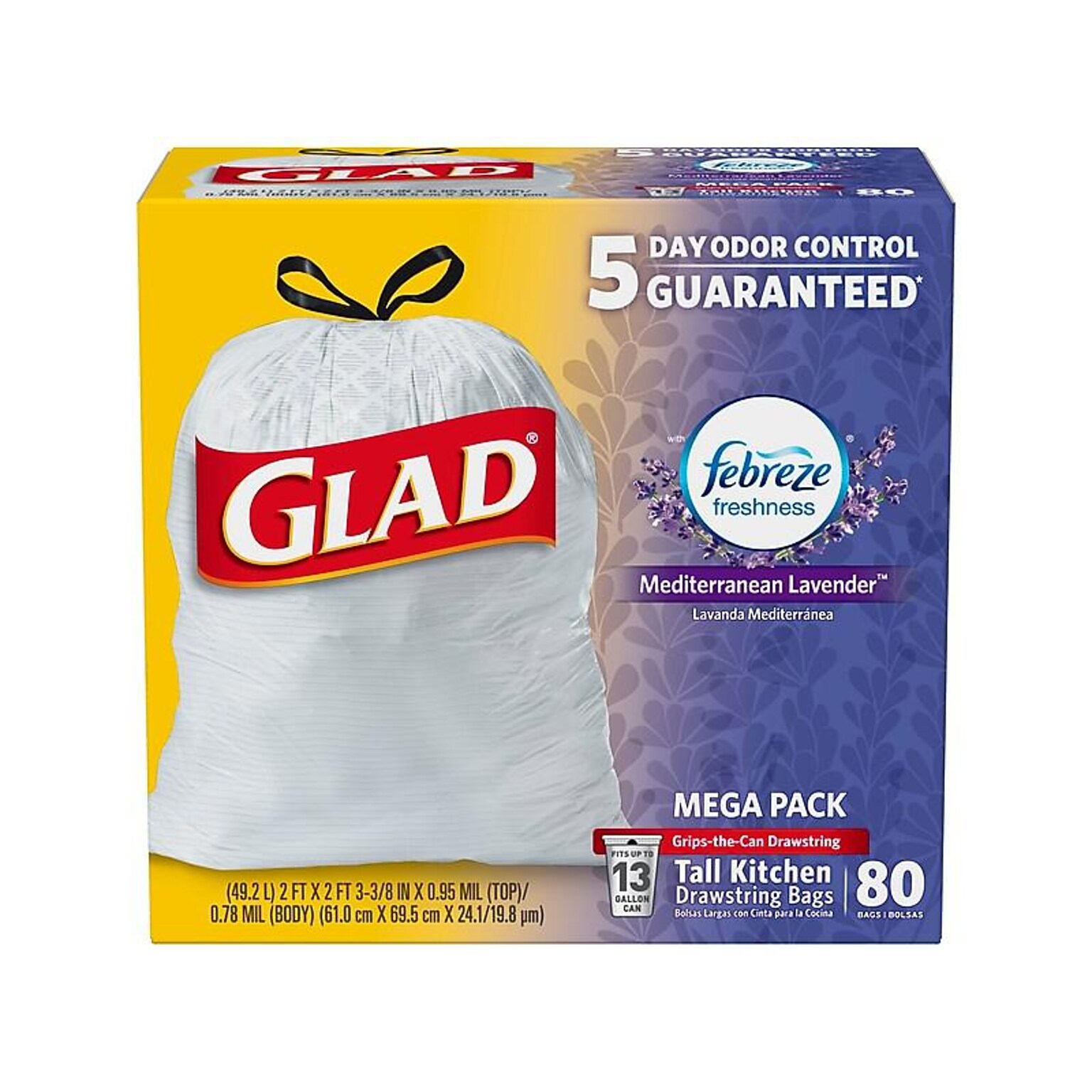 Glad ForceFlex Tall 13 Gallon Mediterranean Lavender Kitchen Drawstring Trash Bags, White, 80/Box (78902)