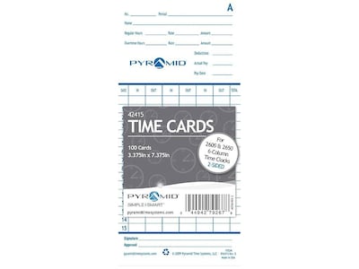 Pyramid Time Cards for 2600, 2650, 2650Pro, 6200 and 6400 Time Clocks, 100/Pack (42415)