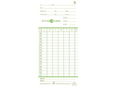 Pyramid Time Cards for 2600, 2650, 2650Pro, 6200 and 6400 Time Clocks, 100/Pack (42415)