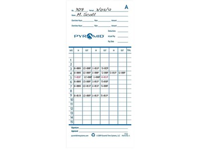 Pyramid Time Cards for 2600, 2650, 2650Pro, 6200 and 6400 Time Clocks, 100/Pack (42415)