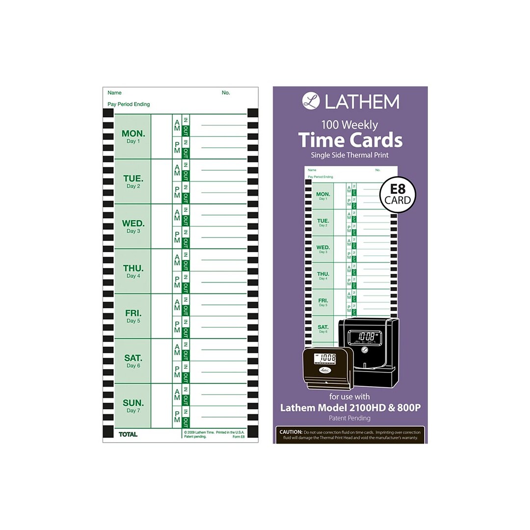 for Lathem 800P Time Clock Single Sided Weekly Thermal Print Time Cards 9 Inch E8-100 100 Pack 