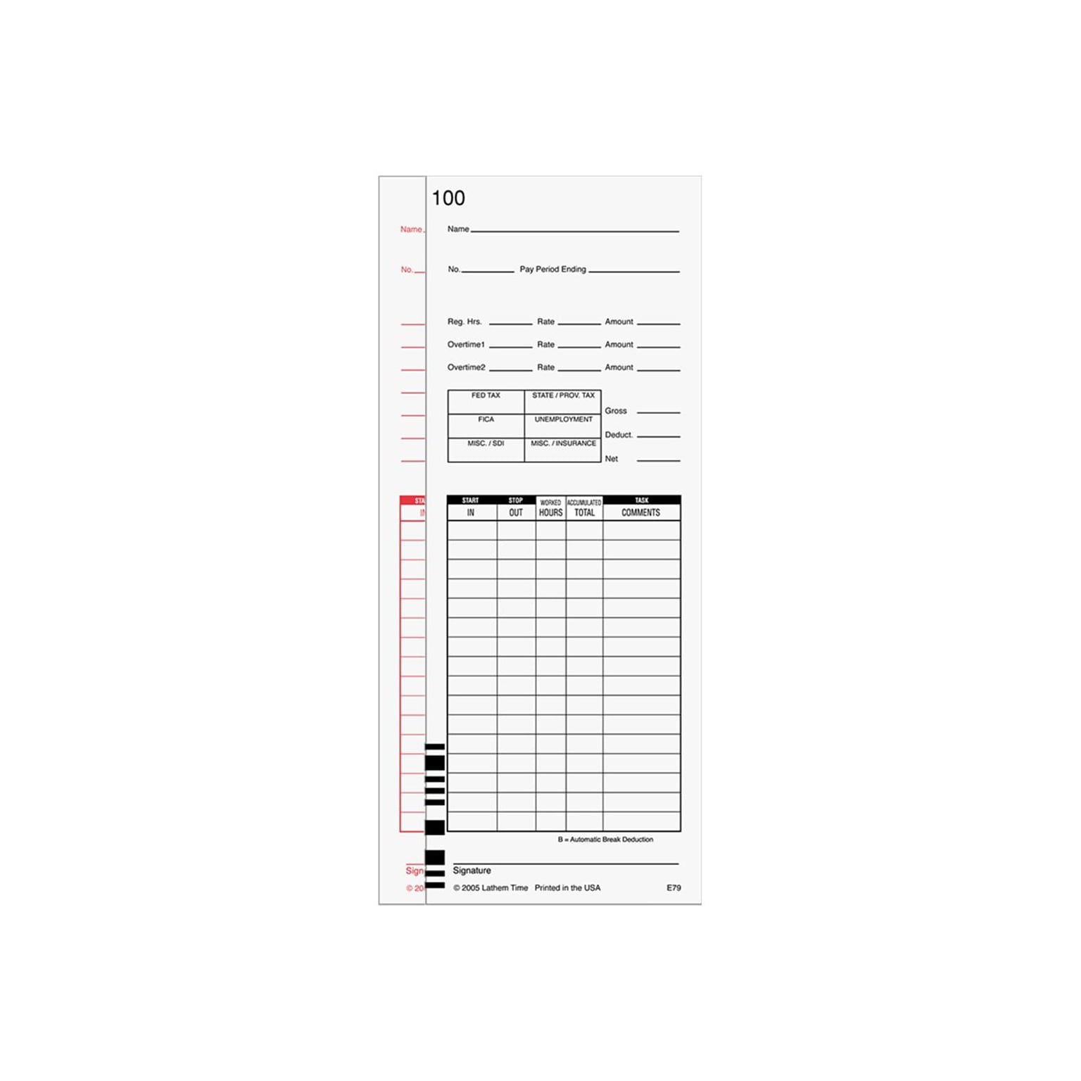 Lathem Time Cards for 7000E and 7500E Time Clocks, 100/Pack (E79-100)