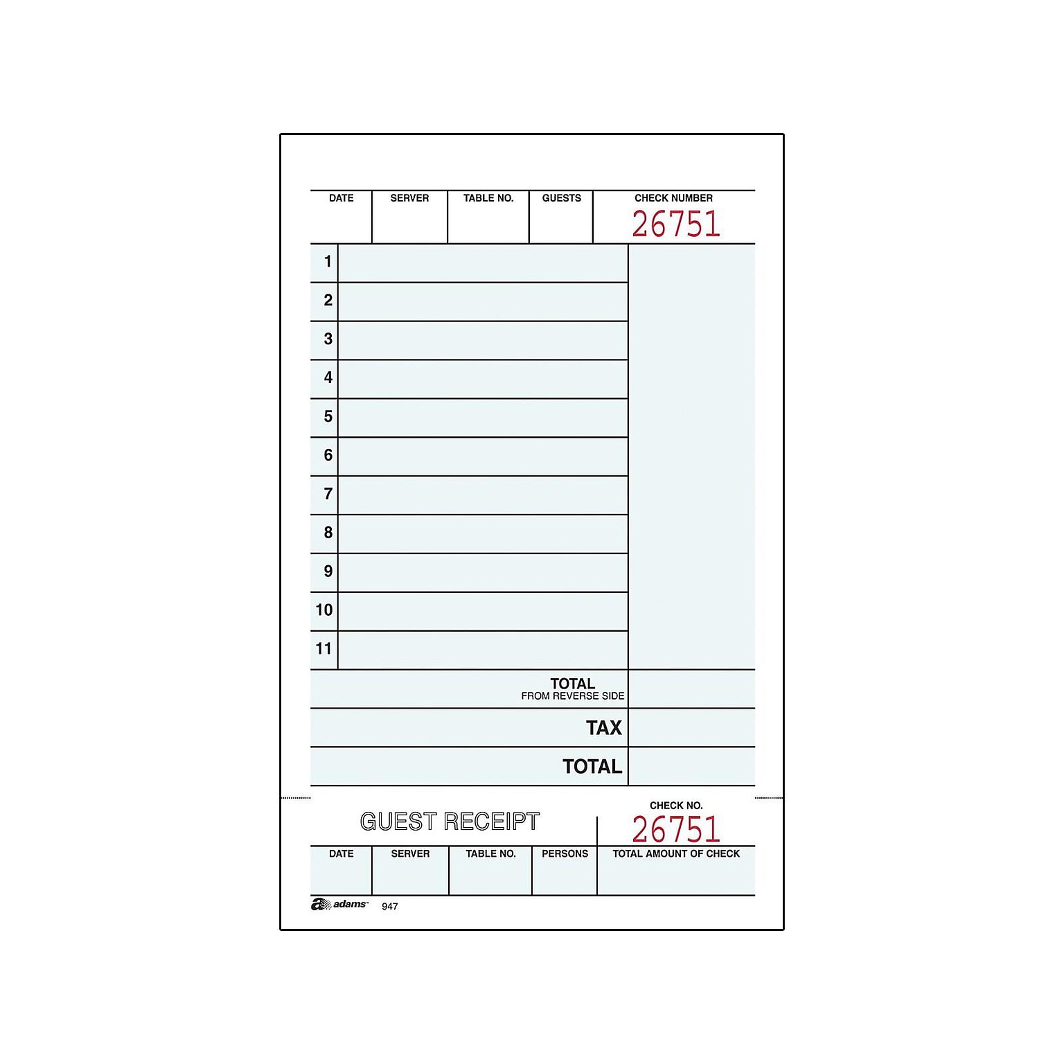 Adams 2-Part Carbonless Guest Checks, 4.25L x 7.25W, 250 Sets/Book (947SWC)