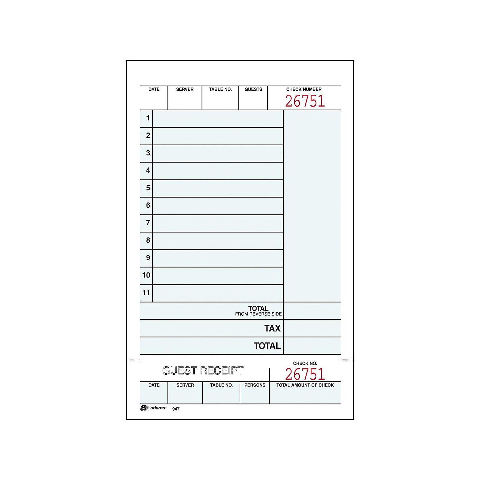 Adams 2-Part Carbonless Guest Checks, 4.25L x 7.25W, 250 Sets/Book (947SWC)