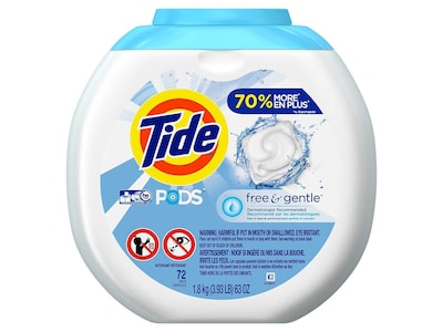 Tide PODS Free and Gentle Detergent Pods, 63 Oz., 72/Pack (89892)