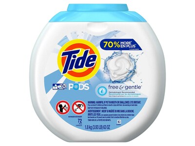 Tide PODS Free and Gentle Detergent Pods, 63 Oz., 72/Pack (89892)