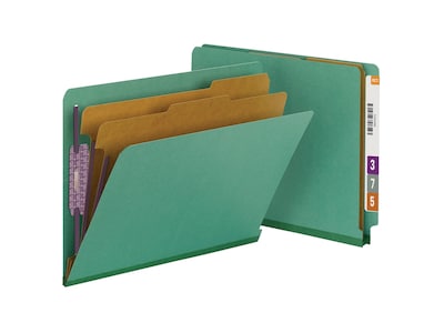 Smead End Tab Pressboard Classification Folders with SafeSHIELD Fasteners, Letter Size, Green, 10/Bo