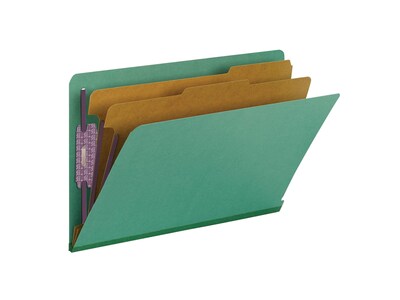 Smead End Tab Pressboard Classification Folders with SafeSHIELD Fasteners, Legal Size, Green, 10/Box