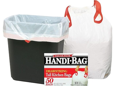 Berry Global Handi-Bag 13 Gallon Trash Bag, 24 x 27.38, Low Density, 0.6 mil, White, 50 Bags/Box (