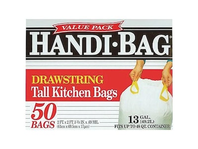 Berry Global Handi-Bag 13 Gallon Trash Bag, 24" x 27.38", Low Density, 0.6 mil, White, 50 Bags/Box (HAB6DK50)