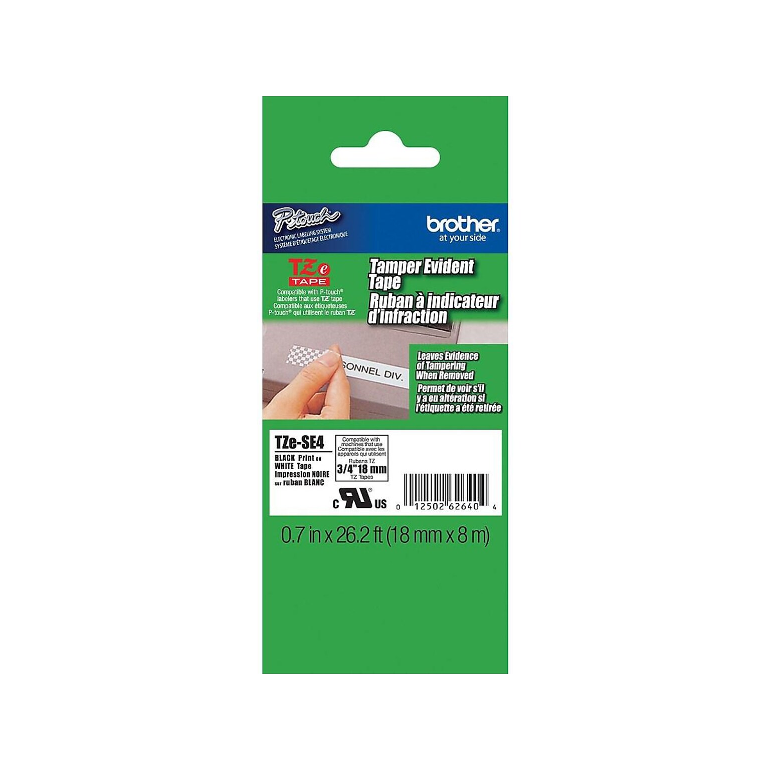 Brother P-touch TZe-SE4 Laminated Tamper Evident Label Maker Tape, 3/4 x 26-2/10, Black on White (TZe-SE4)