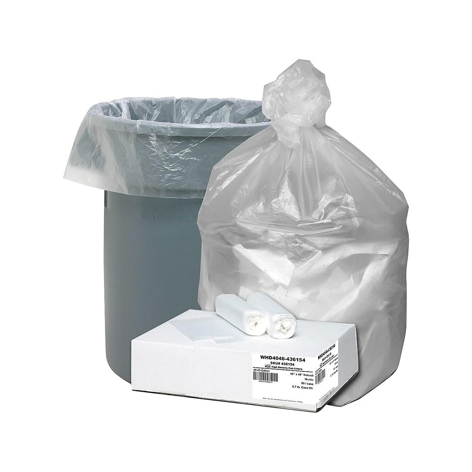 Berry Global Ultra Plus 45 Gallon Industrial Trash Bag, 40 x 48, High Density, 16 mic, Natural, 80 Bags/Box (WHD4046-436154)