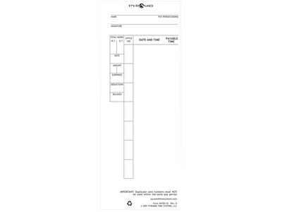 Pyramid Time Cards for 4000/4000HD/5000+/5000+HD Time Clocks, 100/Pack (44100-10)