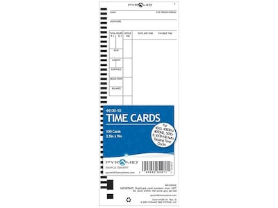 Pyramid Time Cards for 4000/4000HD/5000+/5000+HD Time Clocks, 100/Pack (44100-10)