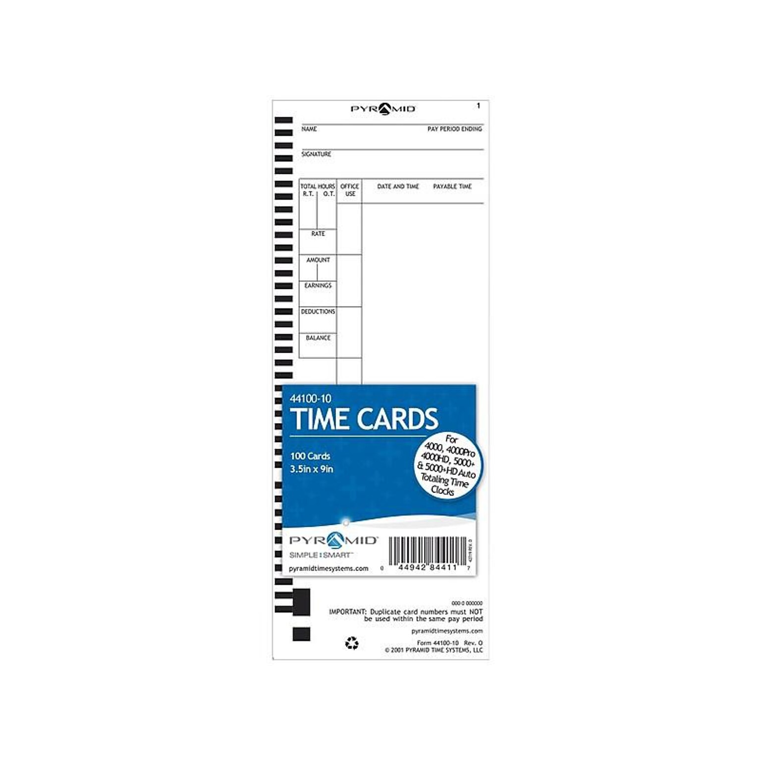 Pyramid Time Cards for 4000/4000HD/5000+/5000+HD Time Clocks, 100/Pack (44100-10)