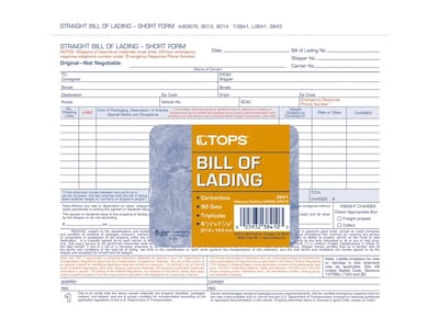 TOPS 3-Part Carbonless Bill of Lading, 8.5L x 7W, 50 Sets/Book (3841)