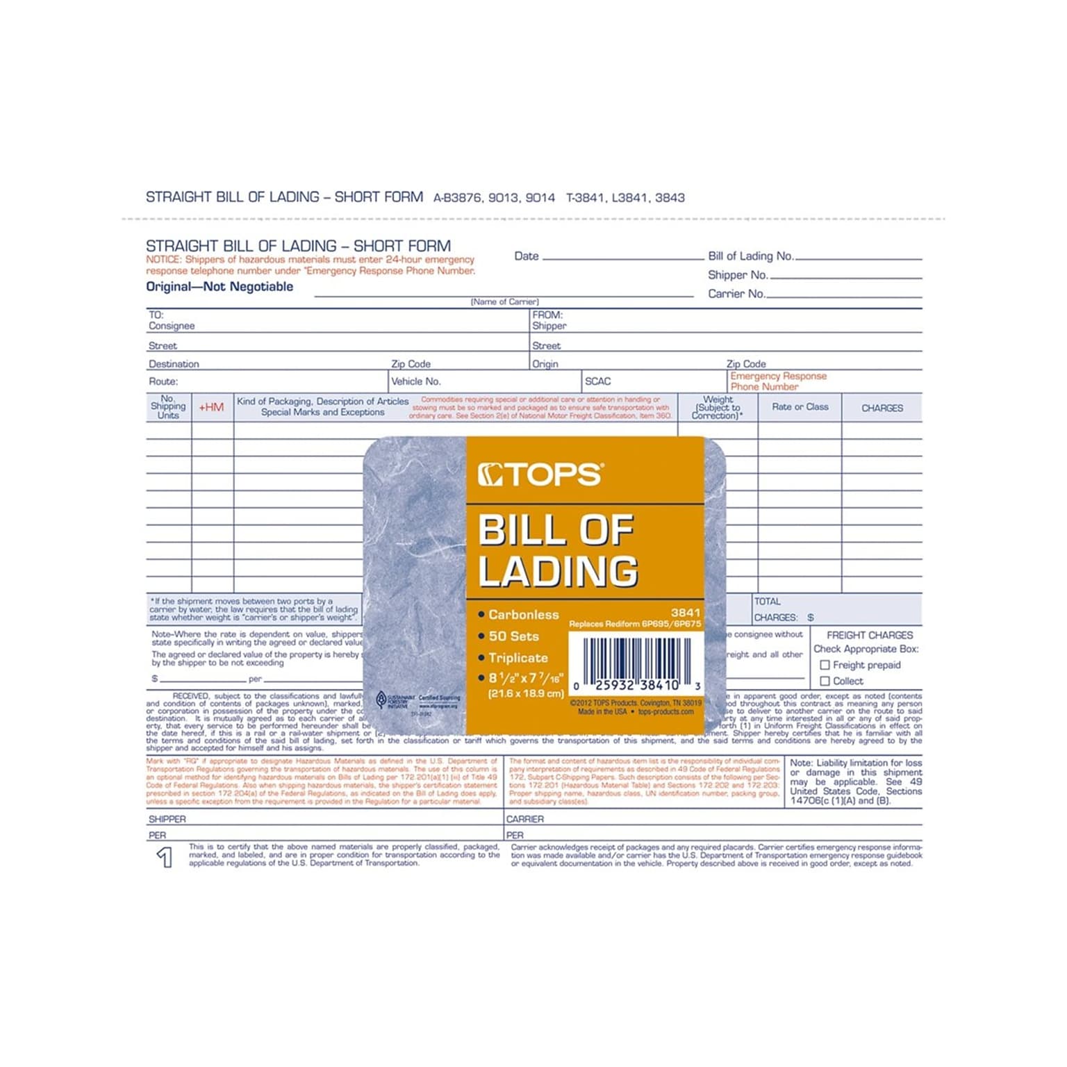 TOPS 3-Part Carbonless Bill of Lading, 8.5L x 7W, 50 Sets/Book (3841)