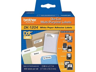 Brother DK-1204 Multi-Purpose Paper Labels, 2-1/10" x 2/3", Black on White, 400 Labels/Roll (DK-1204)