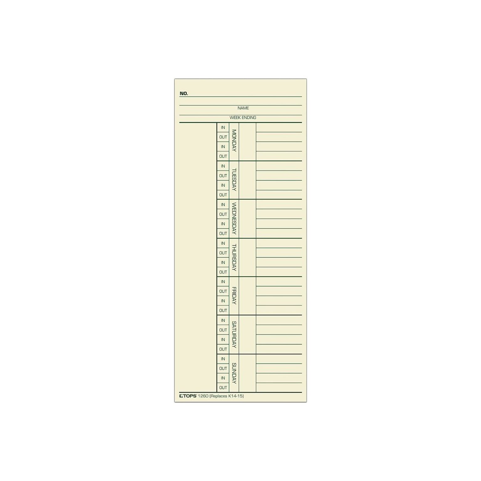 TOPS Time Cards for Acroprint 125, 150, 175, ES700, ES900, ESP180, Amano PIX, TCX Series Time Clock, 500/Box (1260)