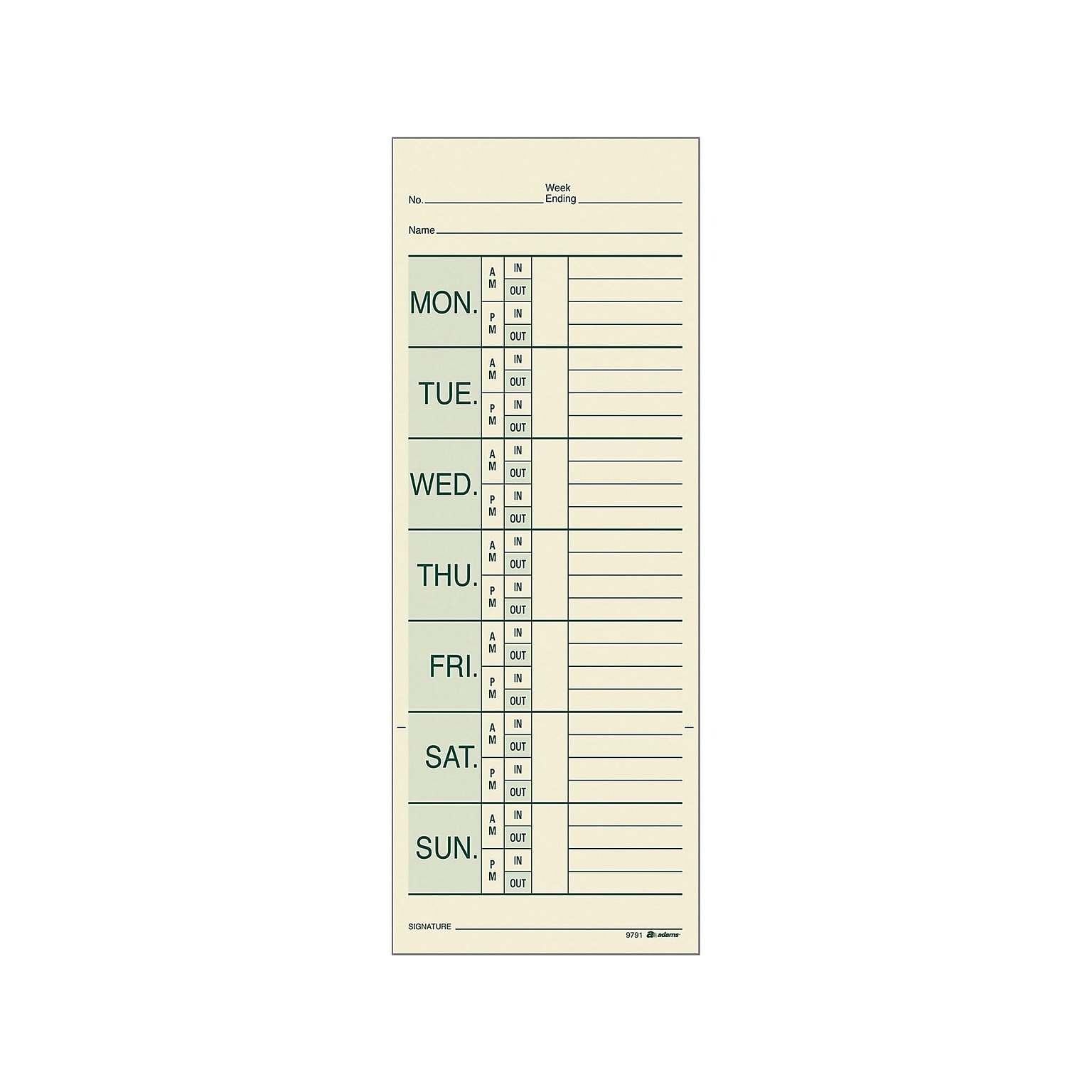 Adams Time Cards for Pyramid 1000 Time Clock, 200/Pack (9791-200)