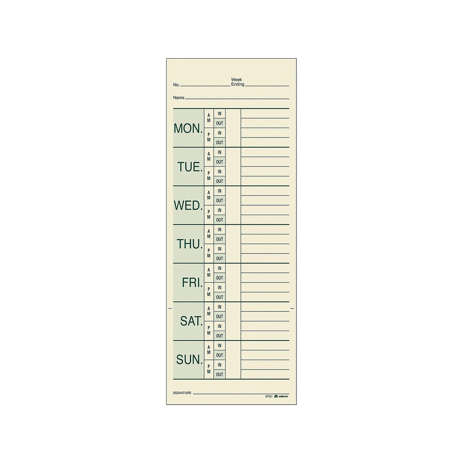 Adams Time Cards for Pyramid 1000 Time Clock, 200/Pack (9791-200)
