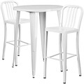 30 Round White Metal Indoor-Outdoor Bar Table Set with 2 Vertical Slat Back Barstools [CH-51090BH-2-30VRT-WH-GG]