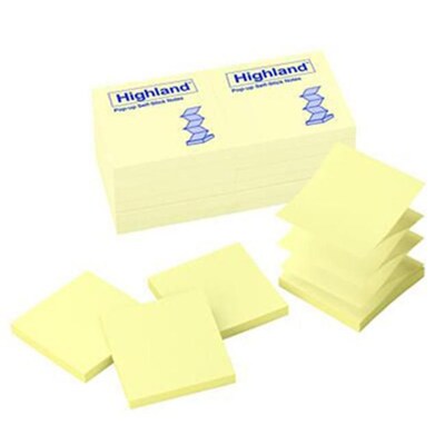 Highland Pop-up Notes, 3 x 3, Yellow, 100 Sheet/Pad, 12 Pads/Pack (6549PUY)