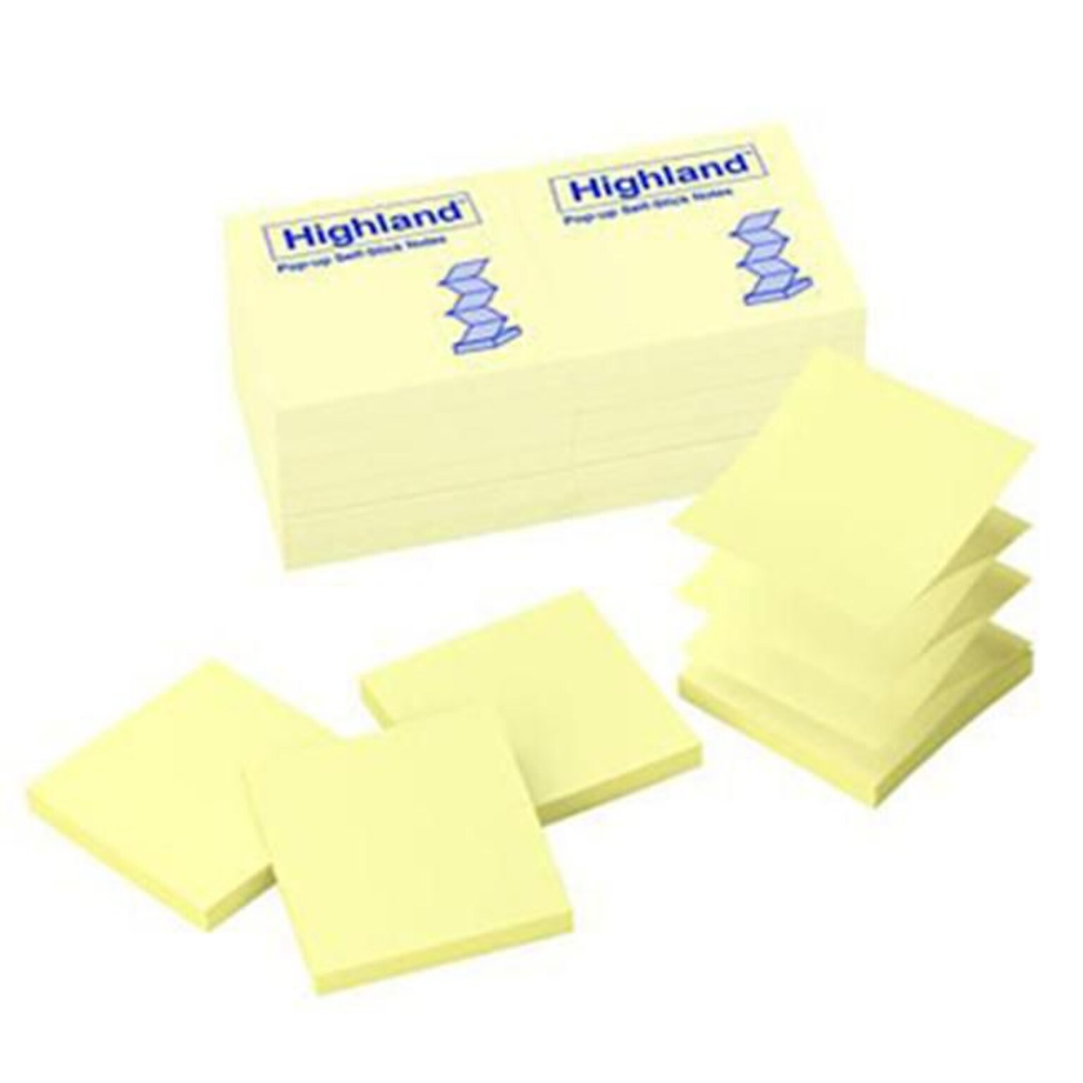 Highland Pop-up Notes, 3 x 3, Yellow, 100 Sheet/Pad, 12 Pads/Pack (6549PUY)