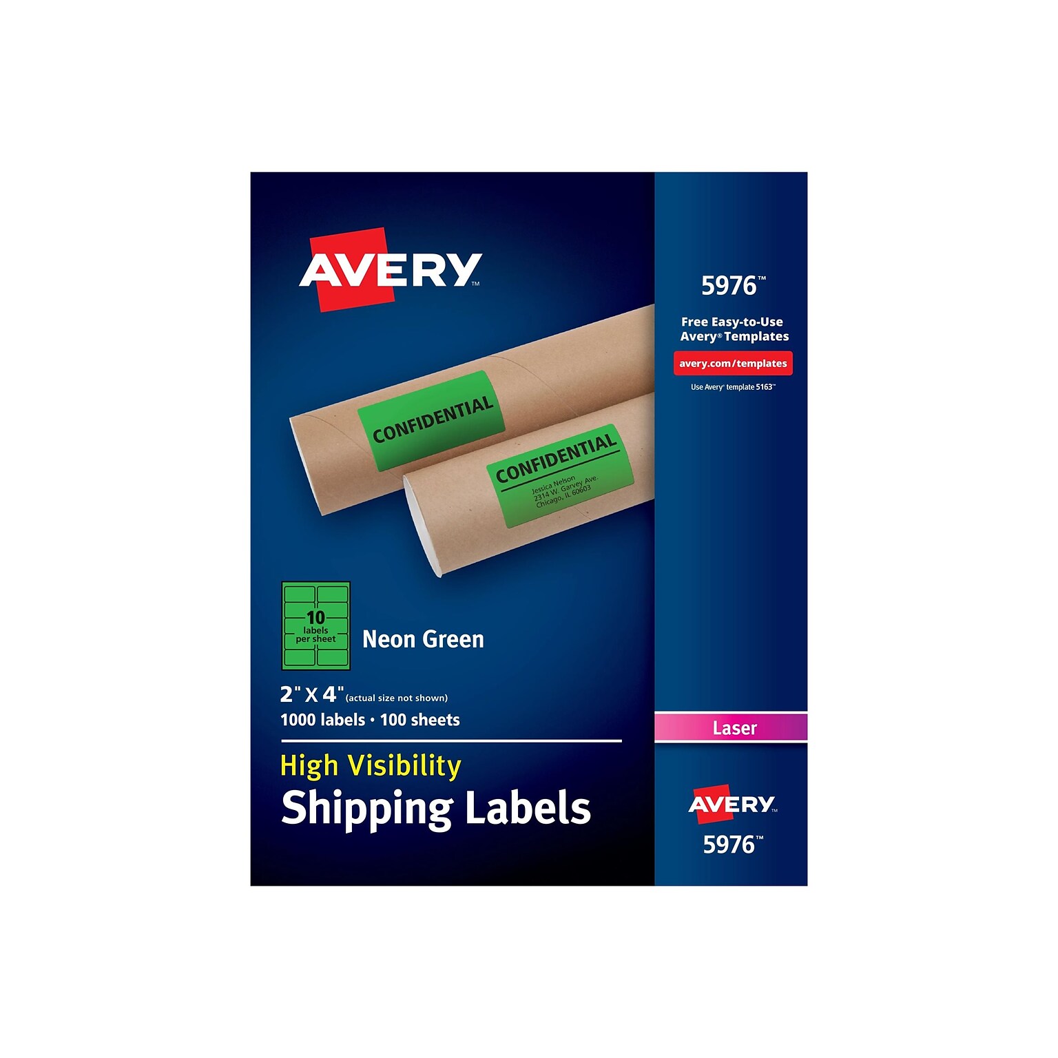 Avery Sure Feed Laser Shipping Labels, 2x 4, Neon Green, 10 Labels/Sheet, 100 Sheets/Box, 1000 Labels/Box (5976)