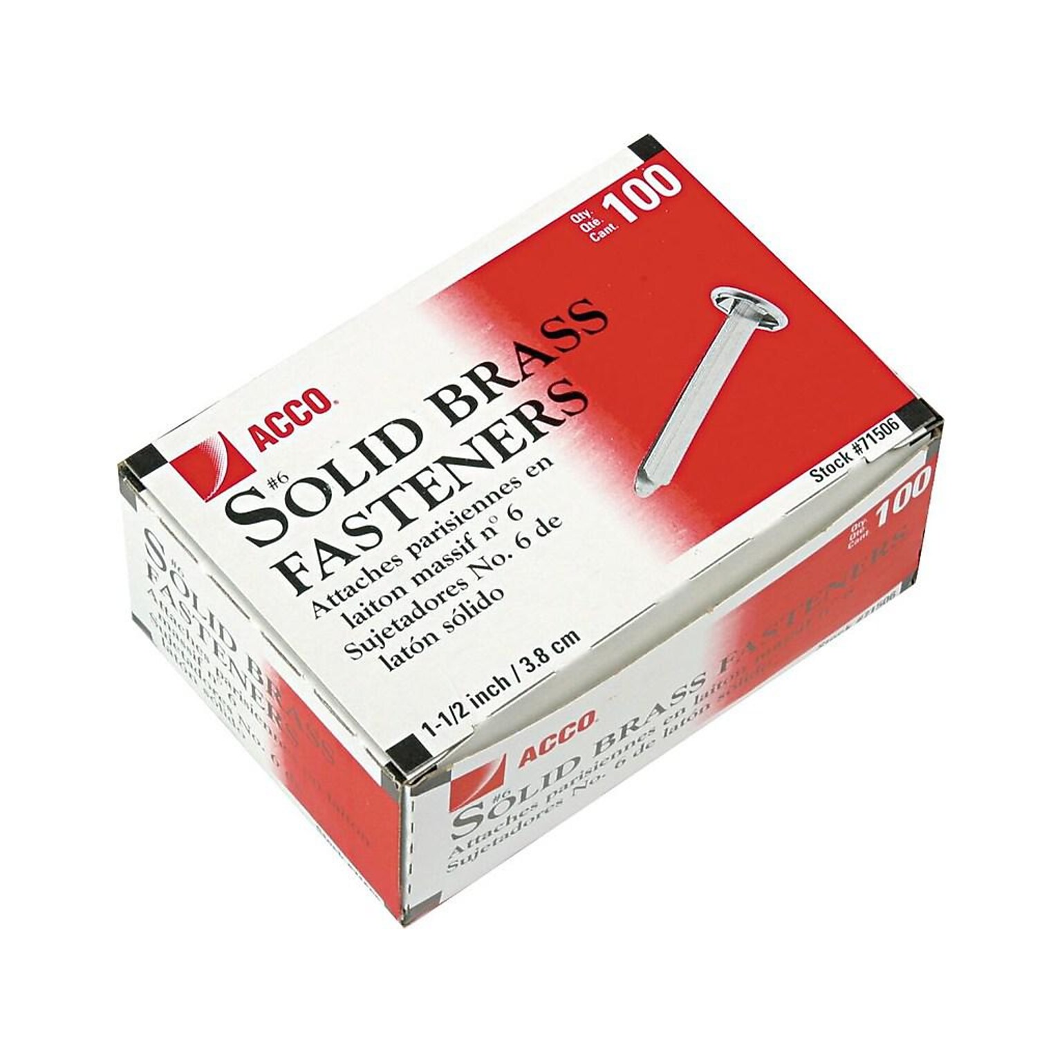 ACCO Solid Brass Round Head Fasteners, 1.5", Shiny Gold, 100/Box