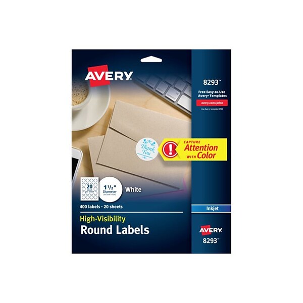 Avery Inkjet Round Labels, 1-1/2 Diameter, White, 20 Labels/Sheet, 20 Sheets/Pack, 400 Labels/Pack (8293)